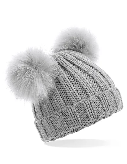Infant Faux Fur Double Pom Pom Beanie in light grey